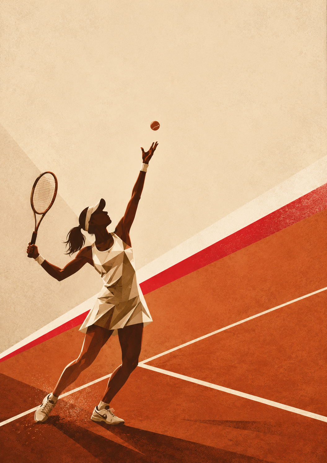 A stylised graphic illustration of a tennis player serving on a clay court, in a warm terracotta-and-cream palette